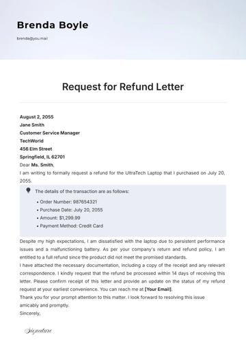 Free Request for Refund Letter Template to Edit Online