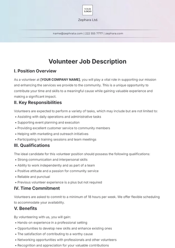 Free Aesthetic Volunteer Job Description Template to Edit Online