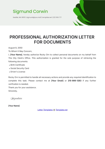 Free Professional Authorization Letter for Documents Template to Edit Online