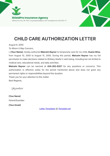 Free Child Care Authorization Letter Template to Edit Online