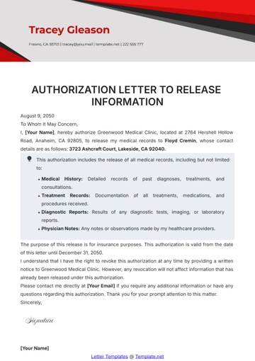 Free Authorization Letter to Release Information Template to Edit Online