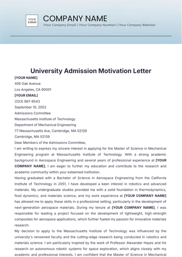 Free University Admission Motivation Letter Template to Edit Online