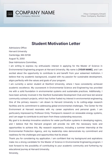 Free Student Motivation Letter Template to Edit Online