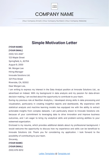 Free Simple Motivation Letter Template to Edit Online