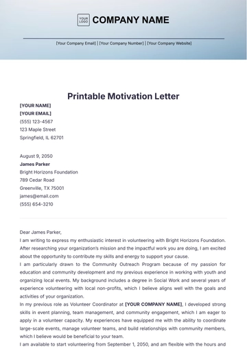 Free Printable Motivation Letter Template to Edit Online