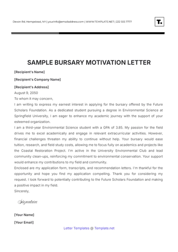 Free Sample Bursary Motivation Letter Template to Edit Online
