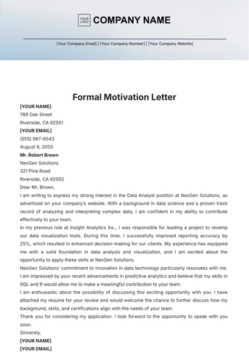 Free Formal Motivation Letter Template to Edit Online