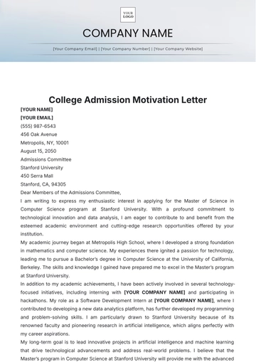 Free College Admission Motivation Letter Template to Edit Online