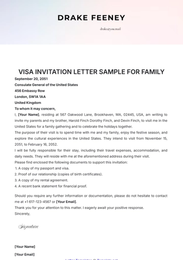 Free Visa Invitation Letter Sample for Family Template to Edit Online