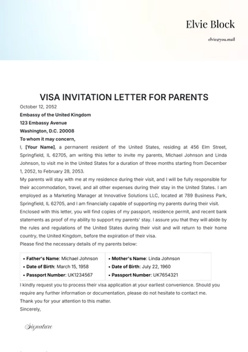 Free Visa Invitation Letter for Parents Template to Edit Online