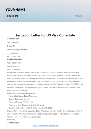 Free Invitation Letter for US Visa Consulate Template to Edit Online