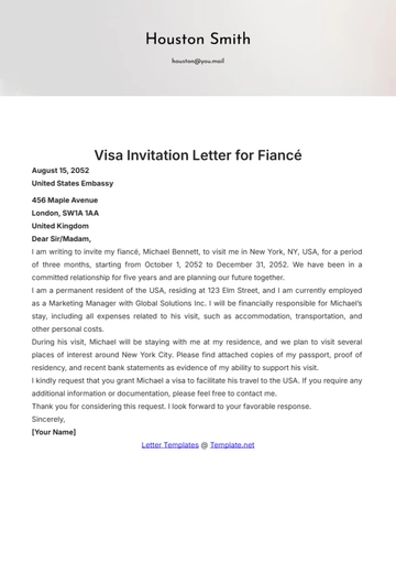 Free Visa Invitation Letter for Fiance Template to Edit Online