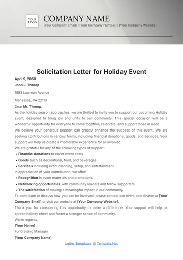 Free Solicitation Letter for Holiday Event Template to Edit Online