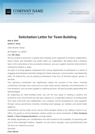 Free Solicitation Letter for Team Building Template to Edit Online
