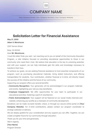 Free Solicitation Letter for Financial Assistance Template to Edit Online