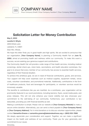 Free Solicitation Letter for Money Contribution Template to Edit Online