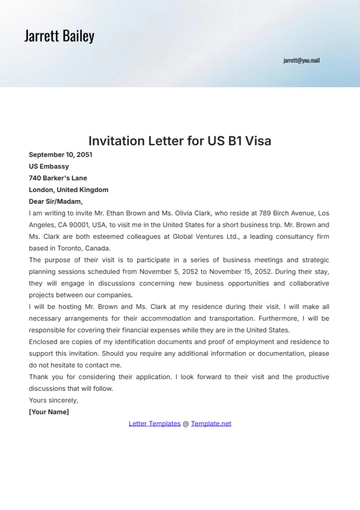 Free Invitation Letter for US B1 Visa Template to Edit Online