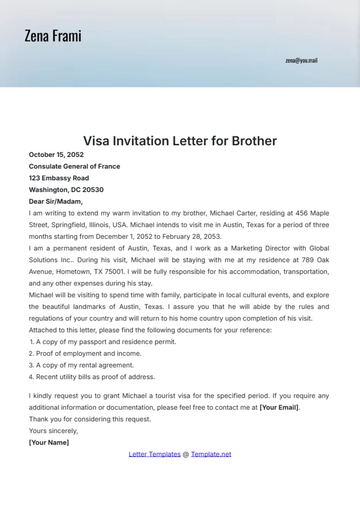 Free Visa Invitation Letter for Brother Template to Edit Online