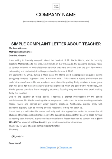 Free Simple Complaint Letter about Teacher Template to Edit Online