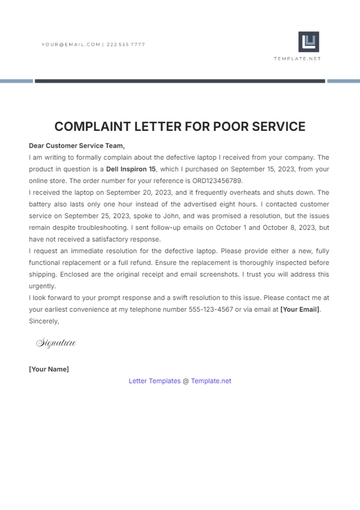 Free Complaint Letter for Poor Service Template to Edit Online