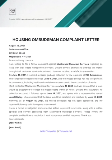 Free Housing Ombudsman Complaint Letter Template to Edit Online