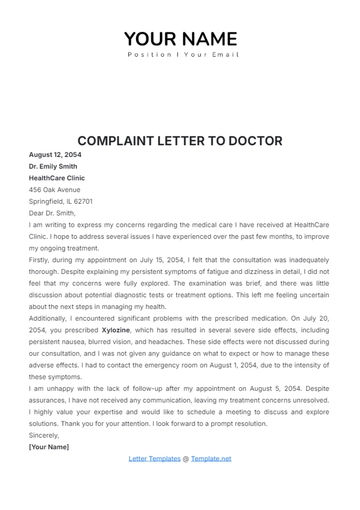 Free Complaint Letter to Doctor Template to Edit Online