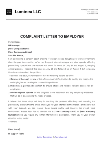 Free Complaint Letter to Employer Template to Edit Online