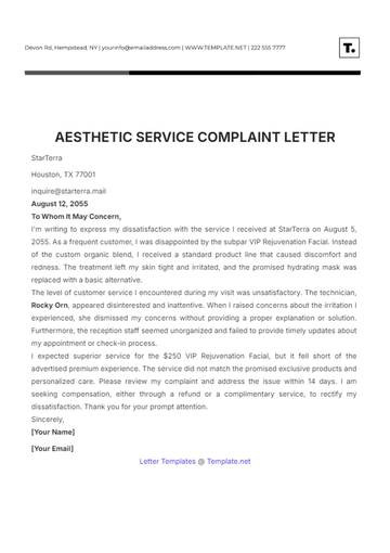 Free Aesthetic Service Complaint Letter Template to Edit Online