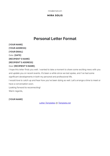 Free Personal Letter Format Template to Edit Online