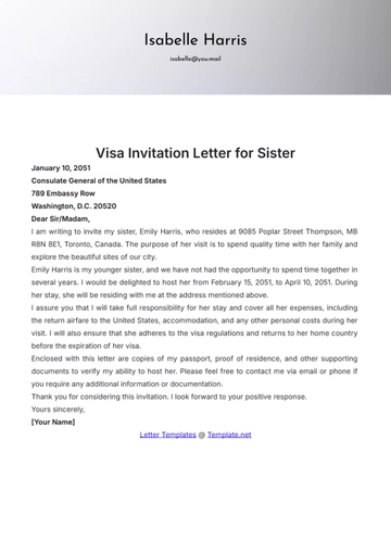 Free Visa Invitation Letter for Sister Template to Edit Online