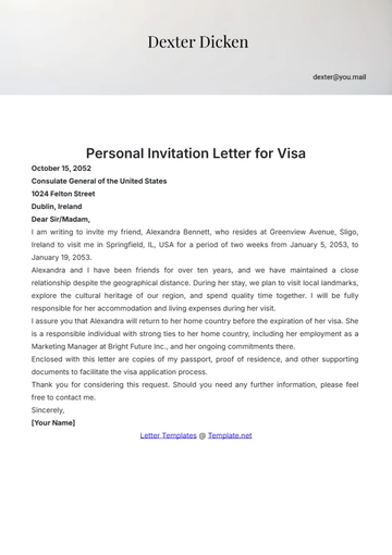 Free Personal Invitation Letter for Visa Template to Edit Online