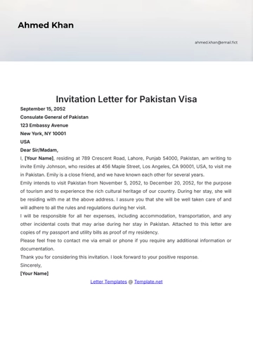 Free Invitation Letter for Pakistan Visa Template to Edit Online