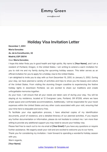 Free Holiday Visa Invitation Letter Template to Edit Online