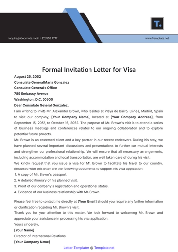 Free Formal Invitation Letter for Visa Template to Edit Online