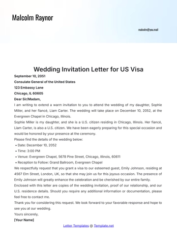 Free Wedding Invitation Letter for US Visa Template to Edit Online