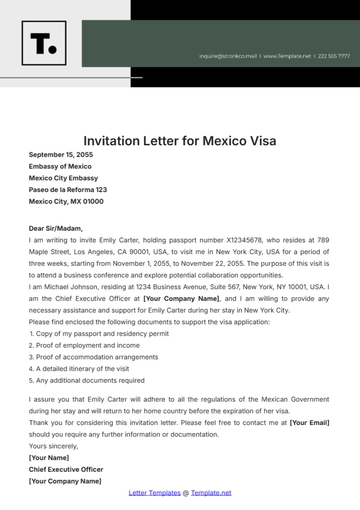 Free Invitation Letter for Mexico Visa Template to Edit Online
