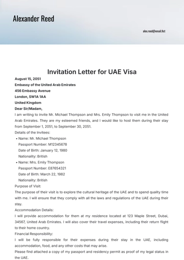 Free Invitation Letter for UAE Visa Template to Edit Online