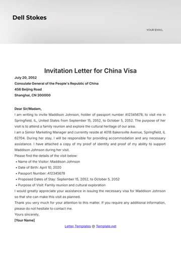 Free Invitation Letter for China Visa Template to Edit Online