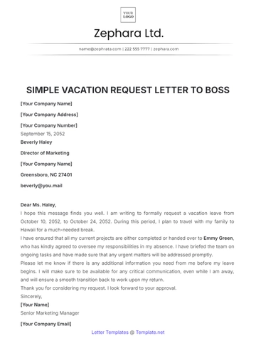Free Simple Vacation Request Letter to Boss Template to Edit Online