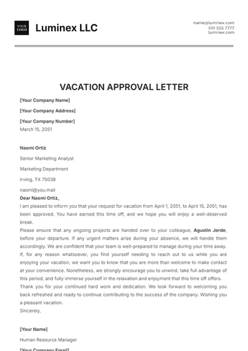 Free Vacation Approval Letter Template to Edit Online