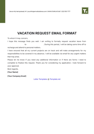 Free Vacation Request Email Format Template to Edit Online