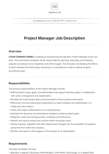 Free Project Manager Job Description Template to Edit Online