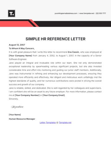 Free Simple HR Reference Letter Template to Edit Online