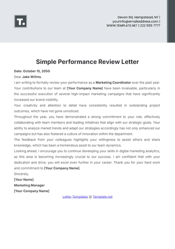 Free Simple Performance Review Letter Template to Edit Online