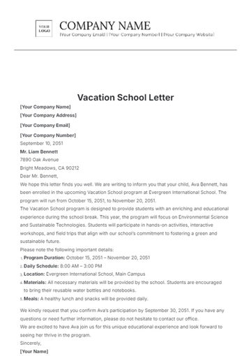 Free Vacation School Letter Template to Edit Online