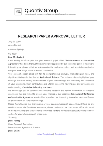 Free Research Paper Approval Letter Template to Edit Online