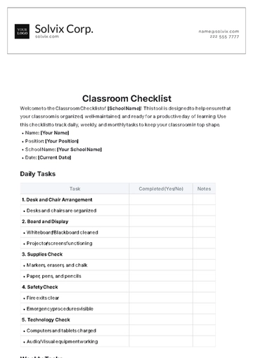 Free Classroom Checklist Template to Edit Online