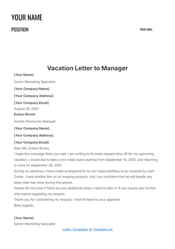 Free Vacation Letter to Manager Template to Edit Online