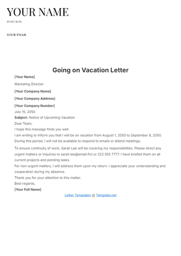 Free Going on Vacation Letter Template to Edit Online