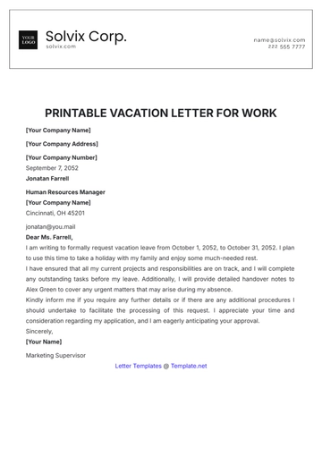 Free Printable Vacation Letter for Work Template to Edit Online